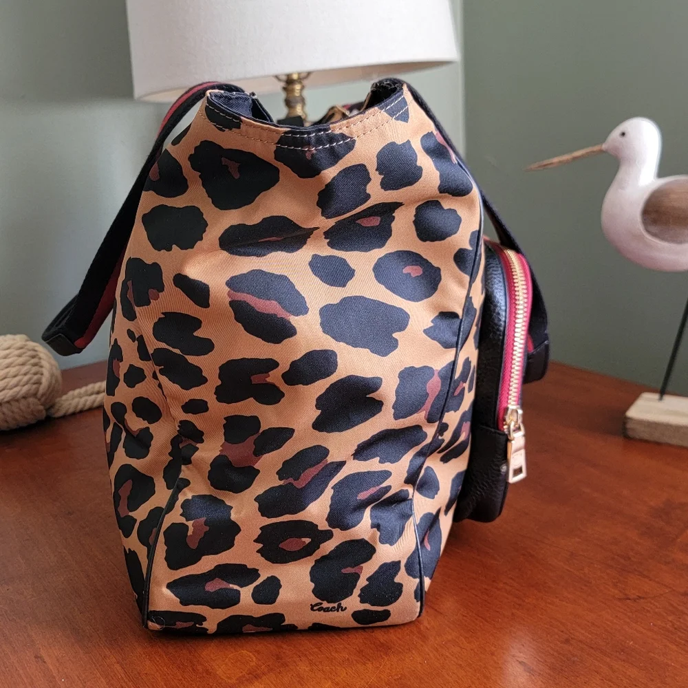 Coach C5668 Court Leopard Print Nylon Tote Pebbled Leather Black Tan Bag